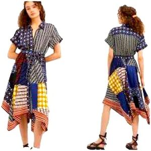 Anthropologie Contrast Midi Shirt Dress in Blue Motif Size XS